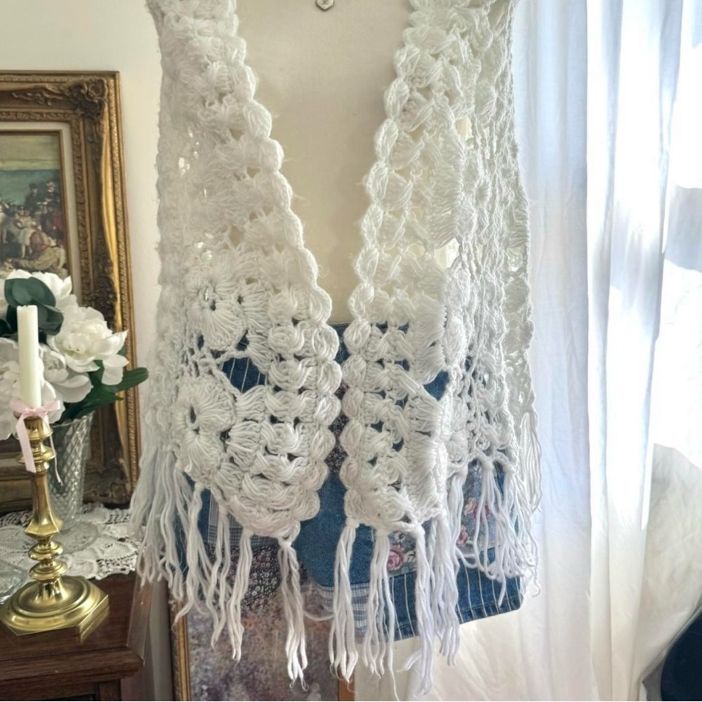 White Crochet Fringe Shawl